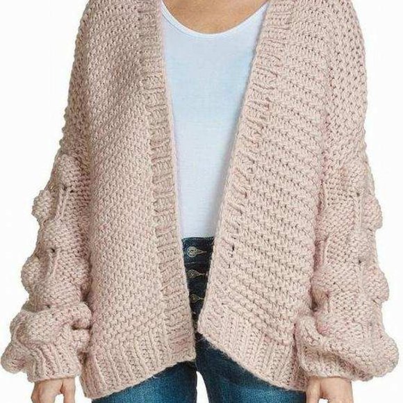 Elan Sweaters - Elan Light Pink Chunky Knit Open Front Bubble Sleeve Cardigan Sweater Size M